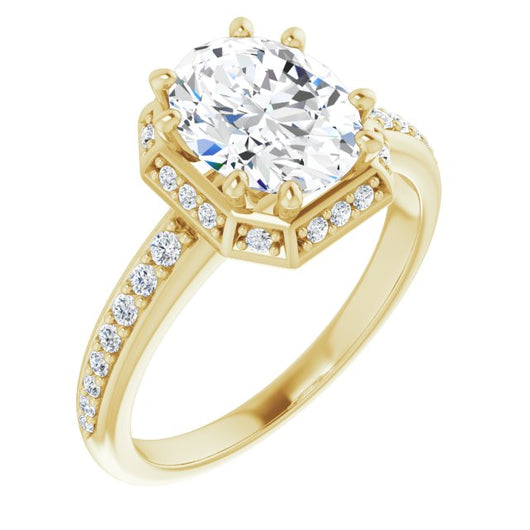 10K Yellow Gold Customizable Oval Cut Design with Geometric Under-Halo and Shared Prong Band