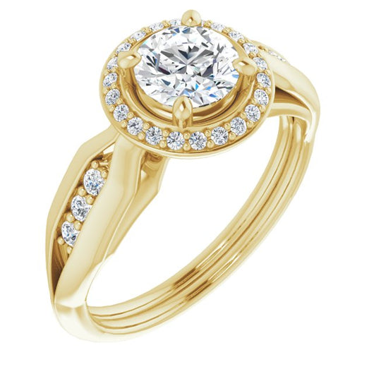 10K Yellow Gold Customizable Cathedral-raised Round Cut Design with Halo and Tri-Cluster Band Accents