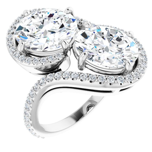 10K White Gold Customizable Double Oval Cut 2-Stone Style Enhanced with Accented Artisan Bypass Band