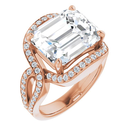 10K Rose Gold Customizable Emerald/Radiant Cut Center with Infinity-inspired Split Shared Prong Band and Bypass Halo