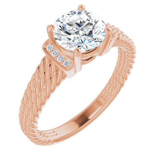 10K Rose Gold Customizable 11-stone Design featuring Round Cut Center, Vertical Round-Channel Accents & Wide Triple-Rope Band