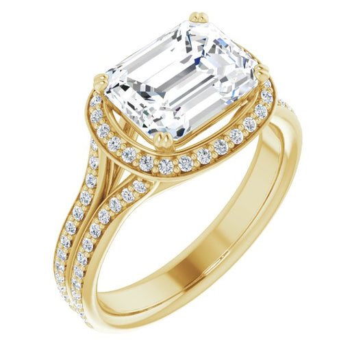 10K Yellow Gold Customizable Cathedral-set Emerald/Radiant Cut Style with Split-Pav? Band