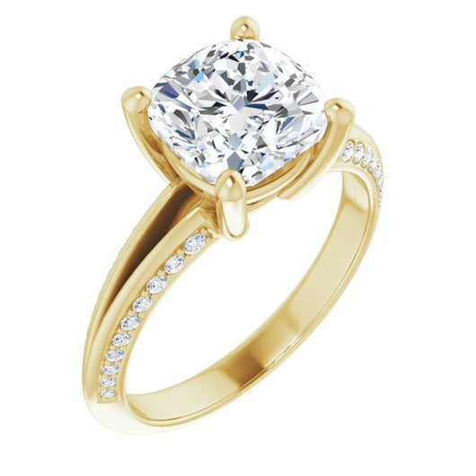 10K Yellow Gold Customizable Cushion Cut Center with 4-sided-Accents Knife-Edged Split-Band