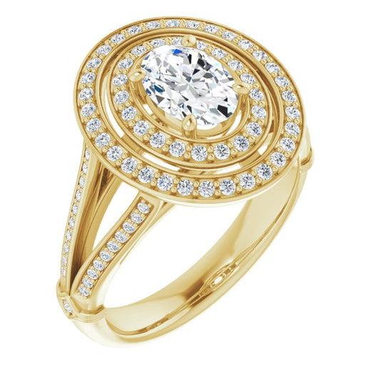 10K Yellow Gold Customizable Cathedral-set Oval Cut Design with Double Halo, Wide Split-Shared Prong Band and Side Knuckle Accents