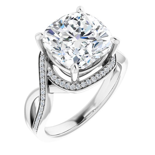 10K White Gold Customizable Bypass-Halo-Accented Cushion Cut Center with Twisting Split Shared Prong Band