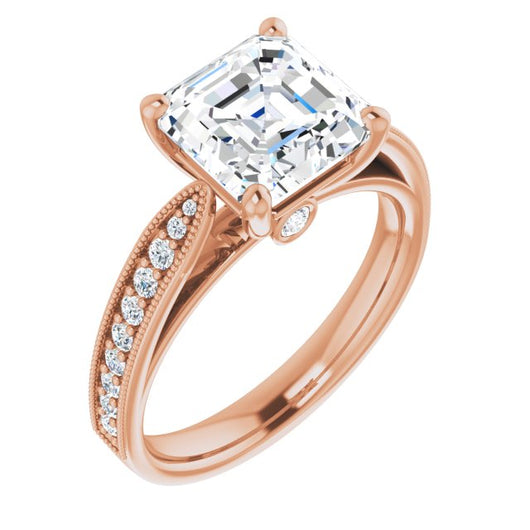 10K Rose Gold Customizable Asscher Cut Style featuring Milgrained Shared Prong Band & Dual Peekaboos