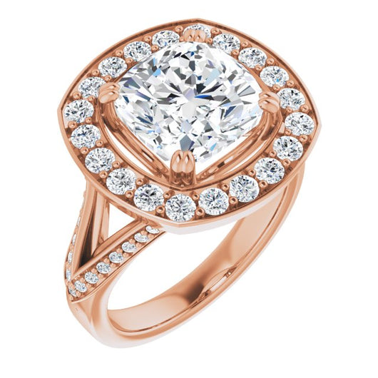 10K Rose Gold Customizable Cushion Cut Center with Large-Accented Halo and Split Shared Prong Band