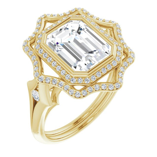 10K Yellow Gold Customizable Cathedral-bezel Emerald/Radiant Cut Design with Floral Double Halo and Channel-Accented Split Band