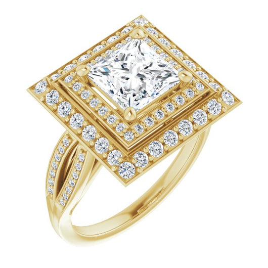 10K Yellow Gold Customizable Cathedral-style Princess/Square Cut Design with Double Halo & Split-Pavé Band