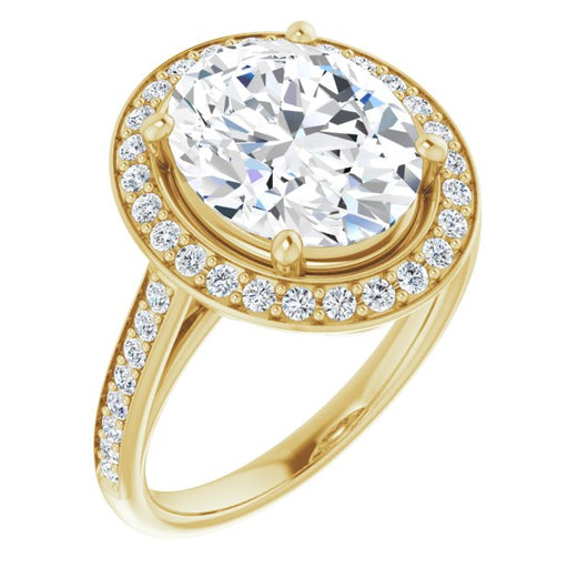 10K Yellow Gold Customizable Cathedral-raised Oval Cut Halo-and-Accented Band Design