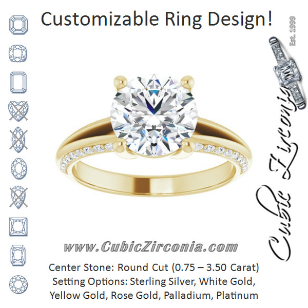 Cubic Zirconia Engagement Ring- The Apryl (Customizable Round Cut Center with 4-sided-Accents Knife-Edged Split-Band)