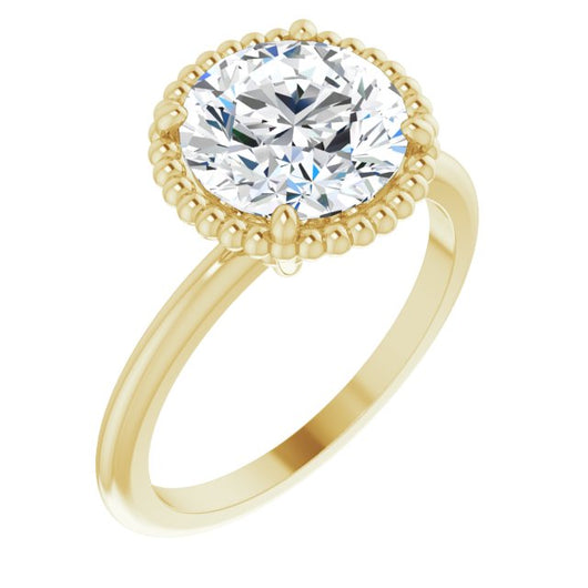 18K Yellow Gold Customizable Round Cut Solitaire with Beaded Metallic Milgrain