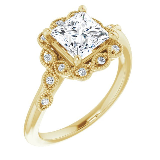 10K Yellow Gold Customizable 3-stone Design with Princess/Square Cut Center and Halo Enhancement