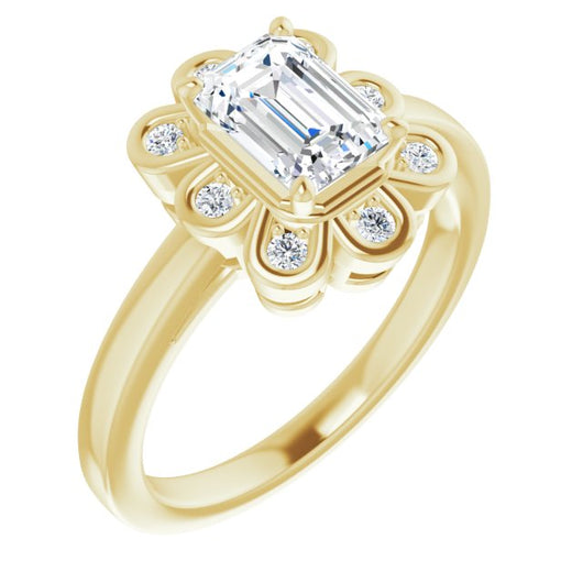 10K Yellow Gold Customizable 9-stone Emerald/Radiant Cut Design with Round Bezel Side Stones