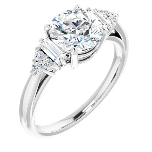 10K White Gold Customizable 9-stone Design with Round Cut Center, Side Baguettes and Tri-Cluster Round Accents