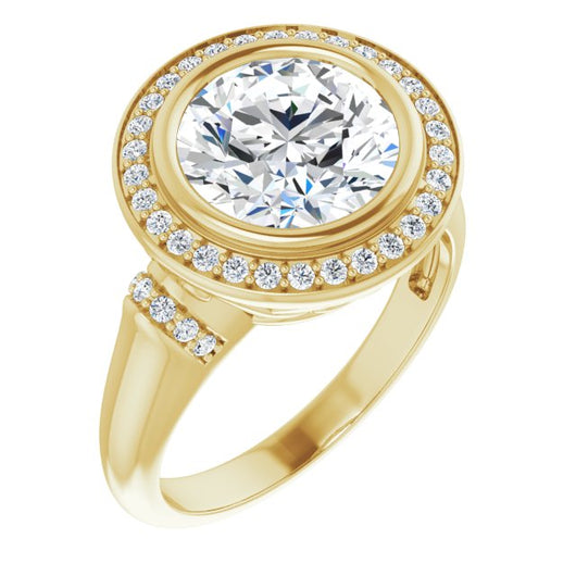 18K Yellow Gold Customizable Bezel-set Round Cut Design with Halo and Vertical Round Channel Accents