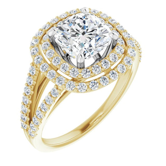 14K Yellow & White Gold Customizable Cushion Cut Design with Double Halo and Wide Split-Pavé Band