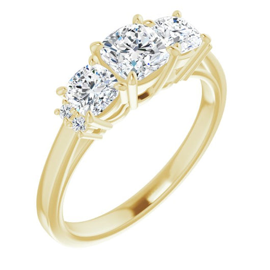 10K Yellow Gold Customizable Triple Cushion Cut Design with Quad Vertical-Oriented Round Accents