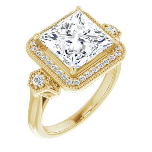 10K Yellow Gold Customizable Cathedral Princess/Square Cut Design with Halo and Delicate Milgrain