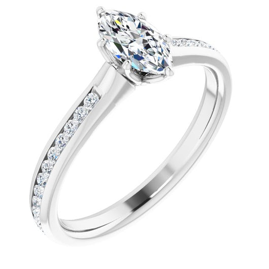 10K White Gold Customizable 6-prong Marquise Cut Design with Round Channel Accents