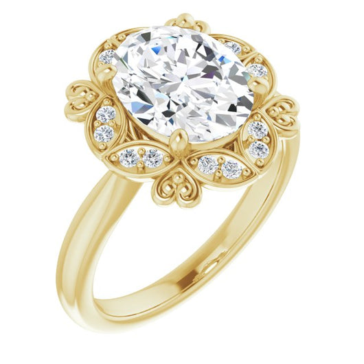 10K Yellow Gold Customizable Oval Cut Design with Floral Segmented Halo & Sculptural Basket