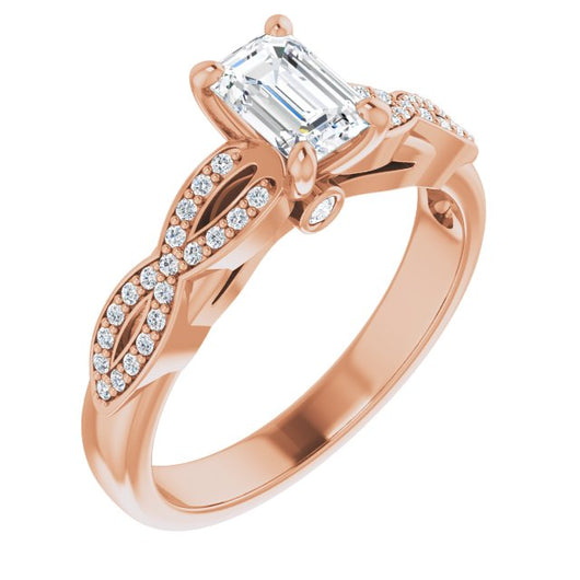 10K Rose Gold Customizable Emerald/Radiant Cut Design featuring Infinity Pavé Band and Round-Bezel Peekaboos