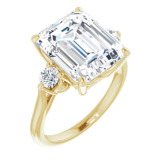 10K Yellow Gold Customizable Three-stone Emerald/Radiant Cut Design with Small Round Accents and Vintage Trellis/Basket