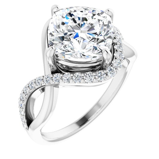 10K White Gold Customizable Cushion Cut Design with Semi-Accented Twisting Infinity Bypass Split Band and Half-Halo