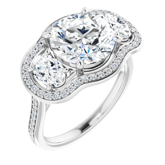 10K White Gold Customizable Round Cut Style with Oval Cut Accents, 3-stone Halo & Thin Shared Prong Band