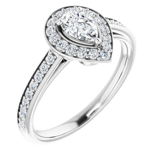 10K White Gold Customizable Cathedral-raised Pear Cut Halo-and-Accented Band Design