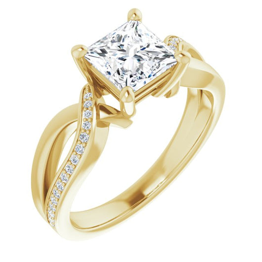 10K Yellow Gold Customizable Princess/Square Cut Center with Curving Split-Band featuring One Shared Prong Leg