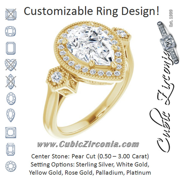 Cubic Zirconia Engagement Ring- The Pacifica (Customizable Cathedral Pear Cut Design with Halo and Delicate Milgrain)