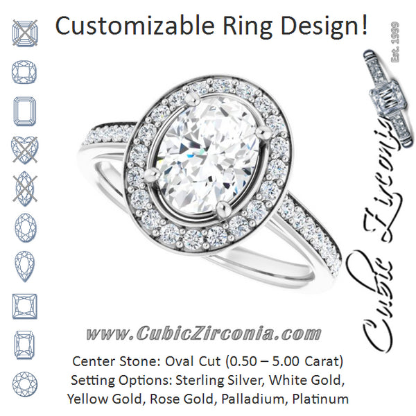 Cubic Zirconia Engagement Ring- The Natascha Eva (Customizable Cathedral-raised Oval Cut Halo-and-Accented Band Design)