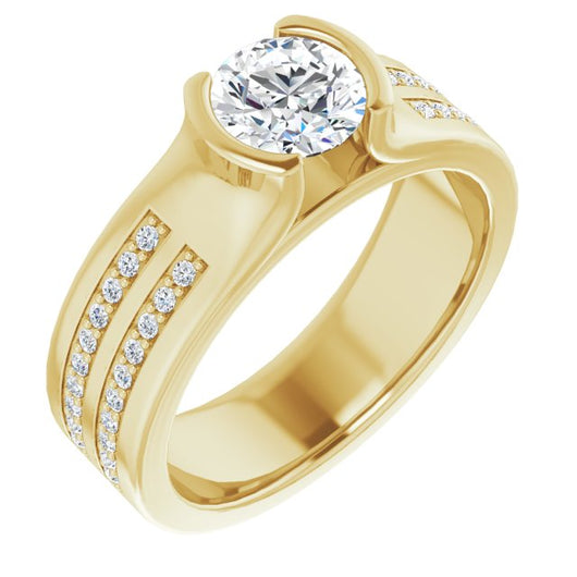 10K Yellow Gold Customizable Bezel-set Round Cut Design with Thick Band featuring Double-Row Shared Prong Accents