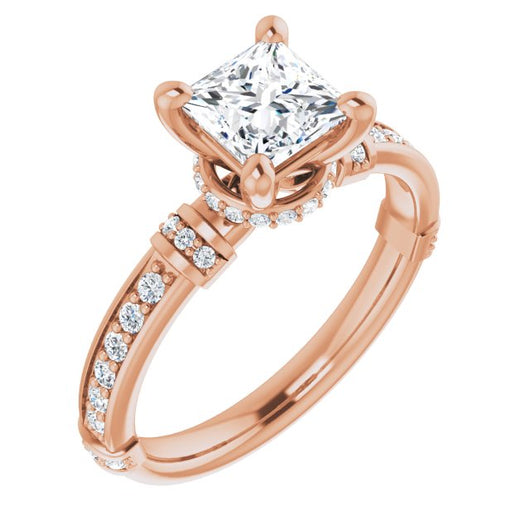 10K Rose Gold Customizable Princess/Square Cut Style featuring Under-Halo, Shared Prong and Quad Horizontal Band Accents