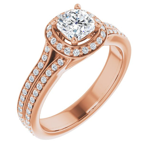 10K Rose Gold Customizable Cathedral-raised Cushion Cut Setting with Halo and Shared Prong Band