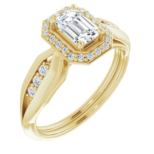 10K Yellow Gold Customizable Cathedral-raised Emerald/Radiant Cut Design with Halo and Tri-Cluster Band Accents