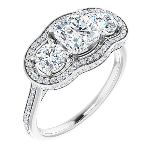 10K White Gold Customizable 3-stone Cushion Cut Design with Multi-Halo Enhancement and 150+-stone Pavé Band