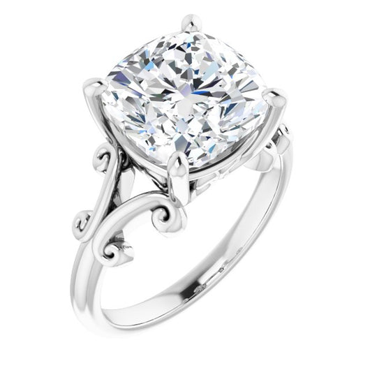 10K White Gold Customizable Cushion Cut Solitaire with Band Flourish and Decorative Trellis