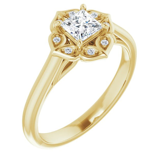 10K Yellow Gold Customizable Cathedral-raised Princess/Square Cut Design with Star Halo & Round-Bezel Peekaboo Accents