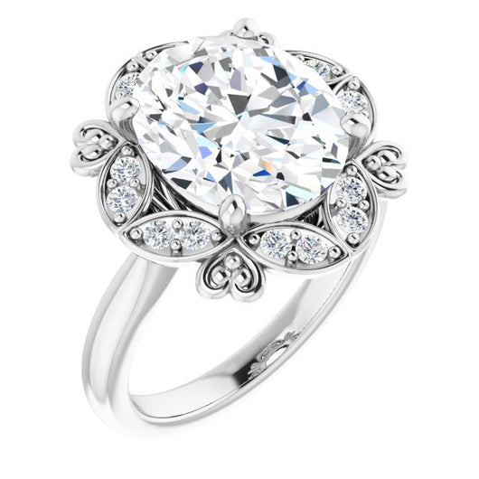 10K White Gold Customizable Oval Cut Design with Floral Segmented Halo & Sculptural Basket