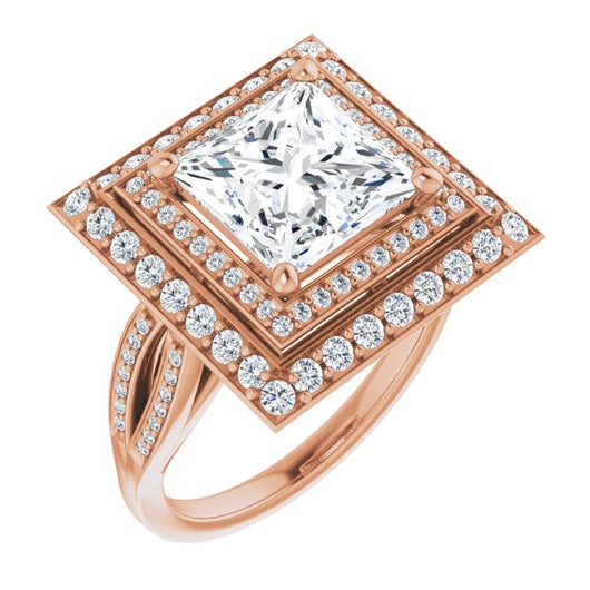 10K Rose Gold Customizable Cathedral-style Princess/Square Cut Design with Double Halo & Split-Pavé Band