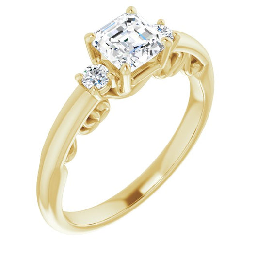 10K Yellow Gold Customizable Asscher Cut 3-stone Style featuring Heart-Motif Band Enhancement