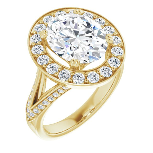 10K Yellow Gold Customizable Oval Cut Center with Large-Accented Halo and Split Shared Prong Band