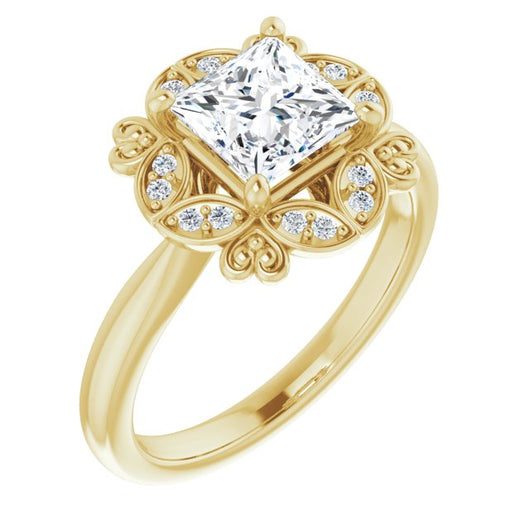 10K Yellow Gold Customizable Princess/Square Cut Design with Floral Segmented Halo & Sculptural Basket