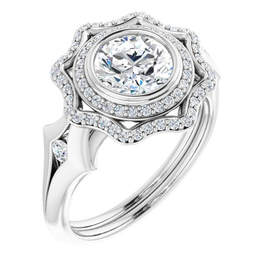 10K White Gold Customizable Cathedral-bezel Round Cut Design with Floral Double Halo and Channel-Accented Split Band