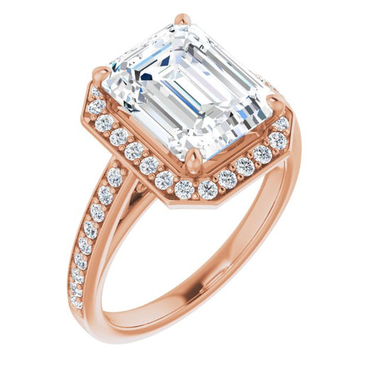 10K Rose Gold Customizable Emerald/Radiant Cut Style with Halo and Sculptural Trellis