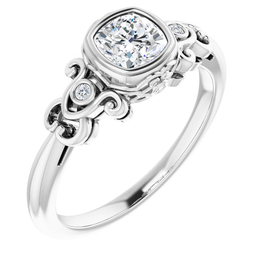 10K White Gold Customizable 5-stone Design with Cushion Cut Center and Quad Round-Bezel Accents