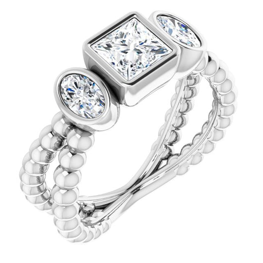 10K White Gold Customizable 3-stone Princess/Square Cut Design with 2 Oval Cut Side Stones and Wide, Bubble-Bead Split-Band