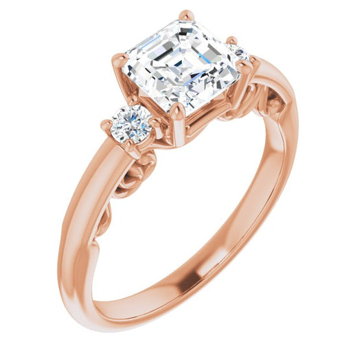 10K Rose Gold Customizable Asscher Cut 3-stone Style featuring Heart-Motif Band Enhancement